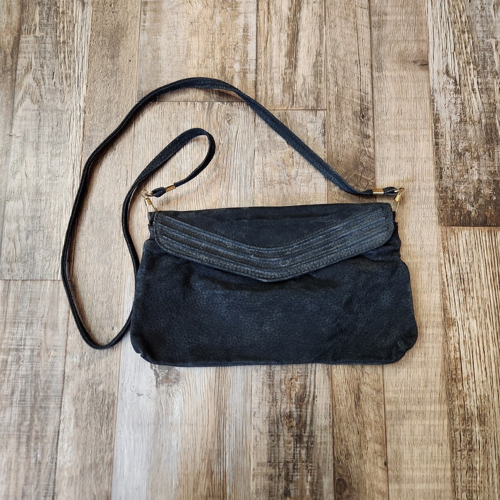 Mark Lifey Vintage‎ Black Textured Crossbody Bag Chevron Flap Gold Hardware
